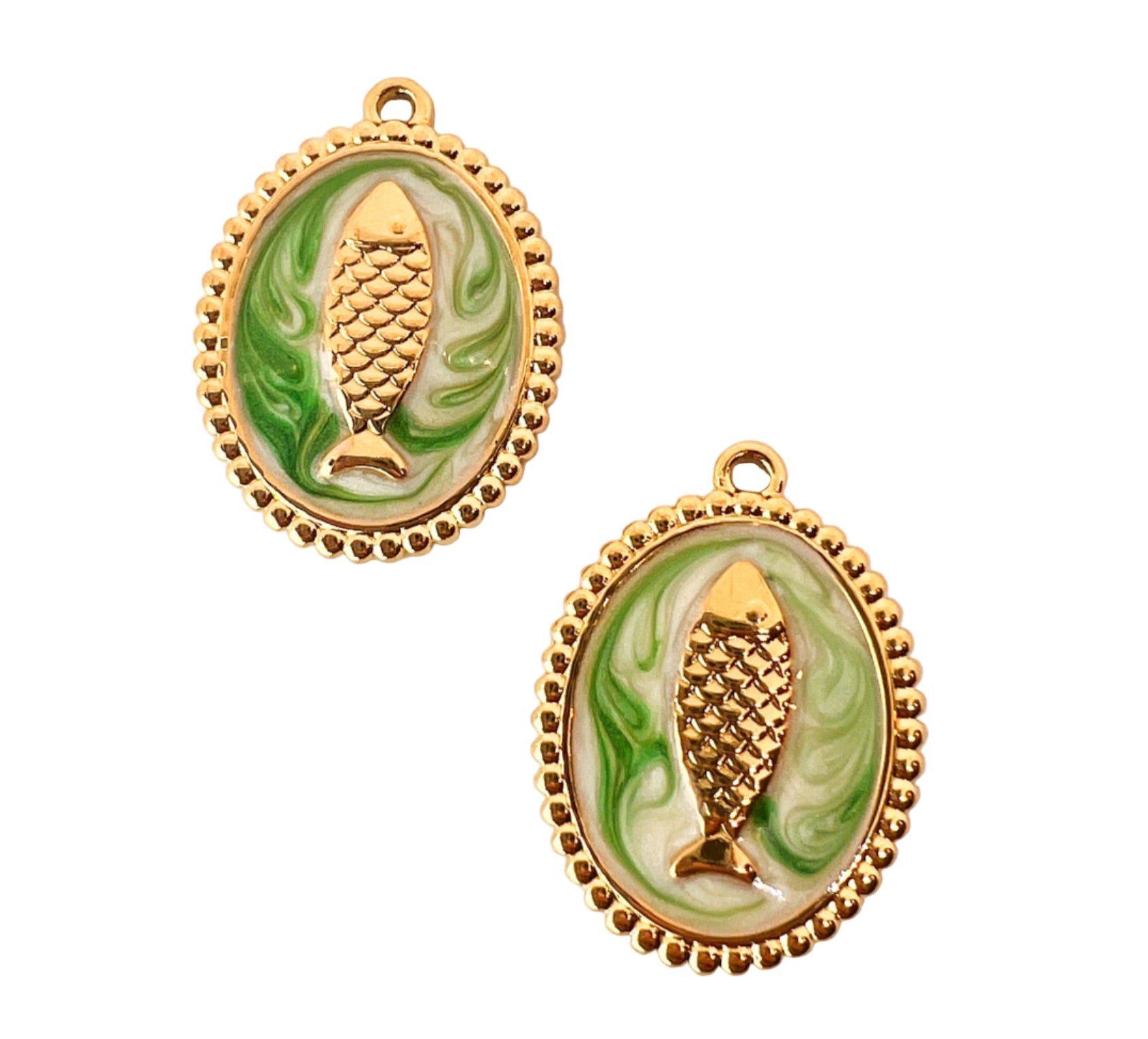 Gold Frame Fish Tree Charm - Green