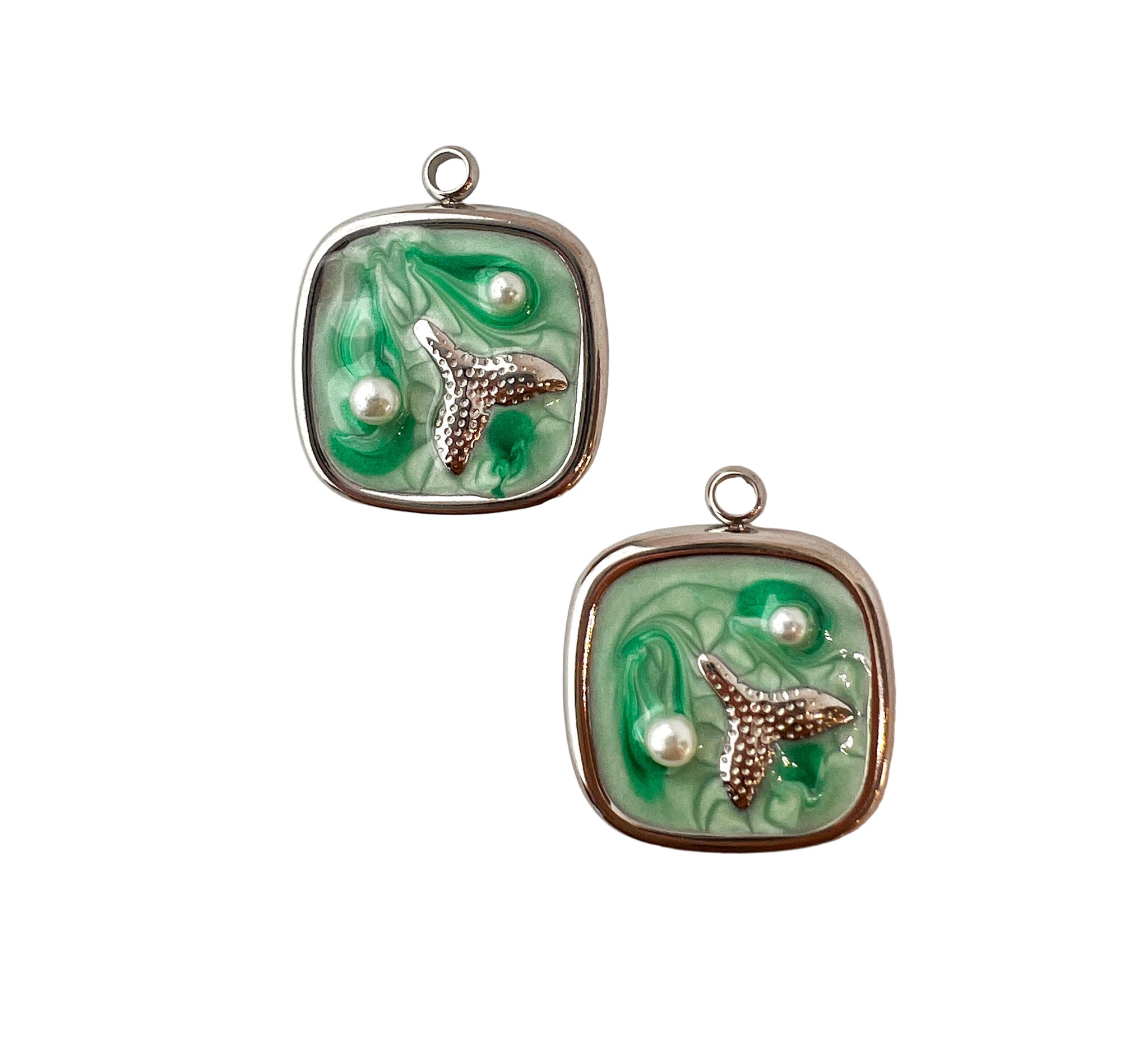 Silver Pearl Whale Charm - Green